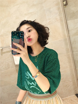 BORAKOO Korea Dongdaemun summer blingbling Peacock green shiny silk letter short-sleeved T-shirt