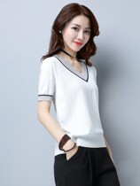 White ice silk knit shirt T-shirt V-neck short sleeve T-shirt summer 2021 new womens tide summer ladies top