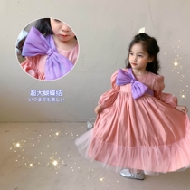 Girls Long-sleeved Big Bow Princess Dress 2021 Spring Birthday dress Mesh stitching dress Pearlescent Western style