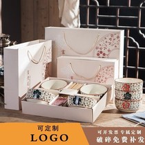 Green Flower Porcelain Bowl Custom Ceramic Gift Bowl chopsticks cutlery Home rice bowls Courtesy Box Dish set with four sets of sets