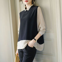 Color Fake Two Blouse Women 2021 Spring and Autumn New Size Loose Fashion Style Shirt Chiffon Top Tide