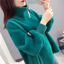 Imitation mink fleece cropped coat womens 2021 autumn turtleneck sweater loose oversized plus thick knit cardigan outside the tide