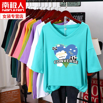 Korean cartoon print loose V collar 200kg large size womens summer short sleeve t-shirt womens fat mm belly coat