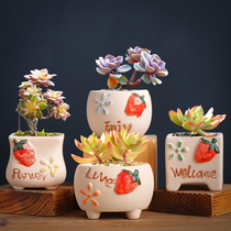 Four groups of multi-meat flowerpots coarse pottery Breathable Combined Suit Strawberry Pineapple Small thumb basin Creative hand-painted basin