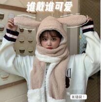 (Thickened) super cute long ears rabbit warm scarf hat plush belt pocket winter Girl Scarf