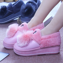 New cotton shoes women winter waterproof PU leather surface thick bottom warm plus velvet non-slip cute wool ball Root cotton slippers Indoor