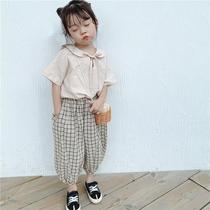 Girl Suit Childrens Plaid Lantern Anti-mosquito Pants Doll Blouse Blouse Summer Womens Baby Harun 90% Pants Loose