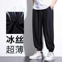 Summer ice silk pants mens ultra-thin plus fat plus size fat loose hanging casual pants drawstring foot sports thin section nine points