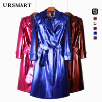 Leather windbreaker womens long knee European Brown double-breasted waist waist slim womens leather clothing high fashion coat