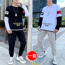  2020 spring new mens long-sleeved t-shirt trend clothes mens set with handsome casual suit trend brand