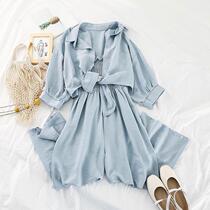 One-piece set womens jumpsuit students Korean version of loose spring and summer clothes shirt suspenders two-piece set