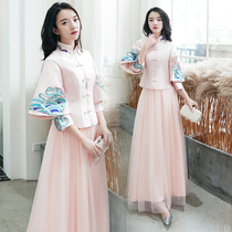 Chinese bridesmaid dress long 2021 new spring and autumn pink satin sister group dress female Xiuhe cheongsam Chinese style