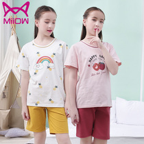 Cat girl girl cotton short sleeve suit pajamas summer thin girl spring summer Middle School child home clothing youth