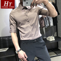 Seven-point sleeve shirt men Korean version of slim trend handsome mid-sleeve summer new British Ruffian handsome five-point short sleeve shirt