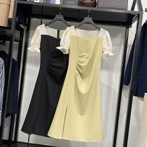 MRMW2021 summer French square collar Hepburn dress female temperament foreign air bubble sleeve stitching split skirt