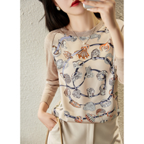 Japanese temperament fashion printed knitwear womens summer new slim body round neck long sleeve wild top