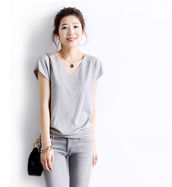 Ice silk T-shirt women Summer 20 new silk base shirt V collar loose simple cashmere careful machine Double V collar sweater