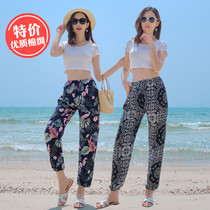 Beach Holiday Beach Pants Lady Trousers Thai National Wind Big Code Artificial Cotton cotton silk Close-up Broad Leg Lamp Cage Pants