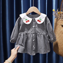 Girls dress 2021 spring and autumn new Korean version of the female child plaid lapel skirt foreign style shirt princess skirt
