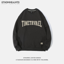 Spring and autumn new mens sweater round neck Korean trend loose Joker printing long sleeve plus velvet thick coat