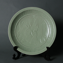 Yue Kiln Celadon Cixiao plate Handicraft ornaments Ceramic engraving plate 32cm with bracket Cixi specialty secret color porcelain