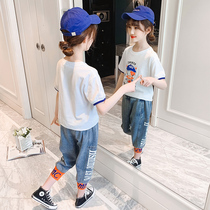 Korean girls summer clothes 2021 new foreign style girl suit large childrens casual short-sleeved pants two-piece trend