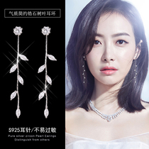 Stud earrings female sterling silver temperament Korean personality long crystal tassel drop earrings cold wind no pierced earrings ear clip tide