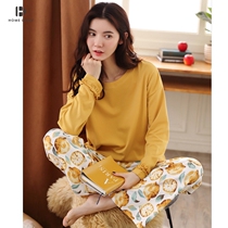 Pure Cotton Pyjamas Woman Long Sleeve Spring Autumn Full Cotton Korean Version Cover Head Round Collar Thin style Exterior Wear Home Suits suits autumn