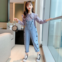 Girls Strap Pants Set Spring and Autumn 2021 New Net Red big children foreign childrens pants autumn trousers Korean version