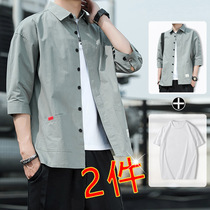 Shirt mens casual summer handsome seven-point middle sleeve pure cotton summer loose thin section tooling shirt jacket Mens clothing