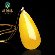 Xiangzhenfu 18K gold natural Old Beeswax pendant Amber womens chicken oil yellow water drop pendant collarbone sweater necklace