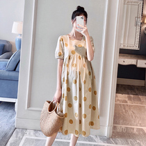 Pregnant woman dress summer fashion foreign wave dot net red knee long skirt loose belly belly short sleeve pregnant woman summer dress