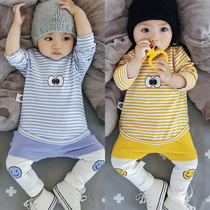 Net Red Cute Baby Clothing Two Sets Infant Foreign Air Suit Female Baby Spring Autumn Spring Dress Male Stripe Split Spring