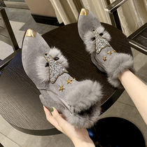 2021 autumn and winter New High heeled rabbit hair short boots female thick heel pointed head plus velvet wool cotton shoes Fox head snow boots