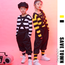 Childrens lock dance locking mechanical hip-hop performance striped top strap pants set funky popular neutral tide