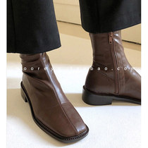 South Koreas Dongdaemun spring and autumn British style thick bottom elastic thin boots womens retro square toe white low-heeled ankle boots