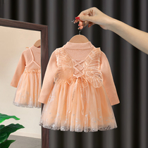 Girls dress 2021 new childrens foreign style princess skirt knitted sweater childrens clothing spring and autumn womens baby Autumn