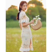 Improved cheongsam 2021 new female summer pink long young lace thin French niche dress