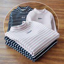 Girls  base shirt Semi-high collar autumn childrens cotton long-sleeved thickened warm top Female childrens striped base coat