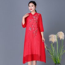 New summer new literary and artistic plum embroidery dress loose Chinese buckle stand collar short sleeve dress