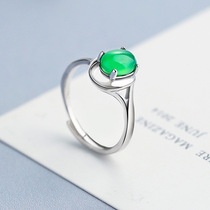 s925 sterling silver green agate ring ring female food finger ring Japanese and Korean version of Chaoyu student personality retro style ring