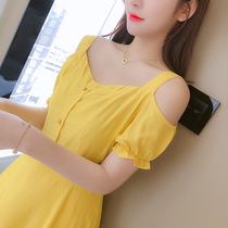 Xia new off-shoulder suspender temperament dress goddess fan design sense niche gentle style sweet first love skirt