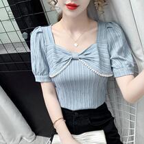 2021 summer new design sense niche square collar chiffon shirt Joker fried street short short sleeve T-shirt top women