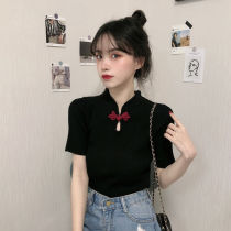  Spring and summer 2021 new retro buckle is very fairy slim slim short western style bottoming short-sleeved knitwear womens clothing