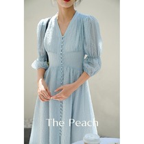 MICHELLYMO French Palace style bubble sleeve long skirt V collar waist buckle design dress