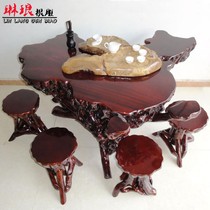 Solid Wood tea table map table Azalea root root carving home practical dining table and chair matching five sets