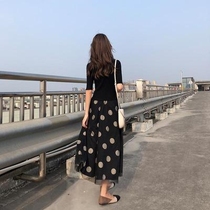 2020 Spring and Autumn dress new mid-sleeve dress womens wave dot mesh waist slim fake two-piece silk knitted skirt