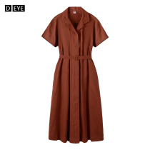 Cotton linen dress women 2021 summer new vintage literary linen long caramel color thin pleated skirt