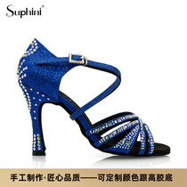 Suphini Boutique Handmade Custom Adults Color Drill Women Blue Gold High Heel Cowboy National Mark Precisely Ballroom Dancing Shoes