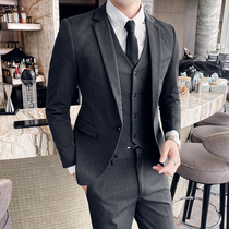 Large size suit suit suit autumn and winter mens fat suit jacket Korean version of self-cultivation British style dress three-piece tide
